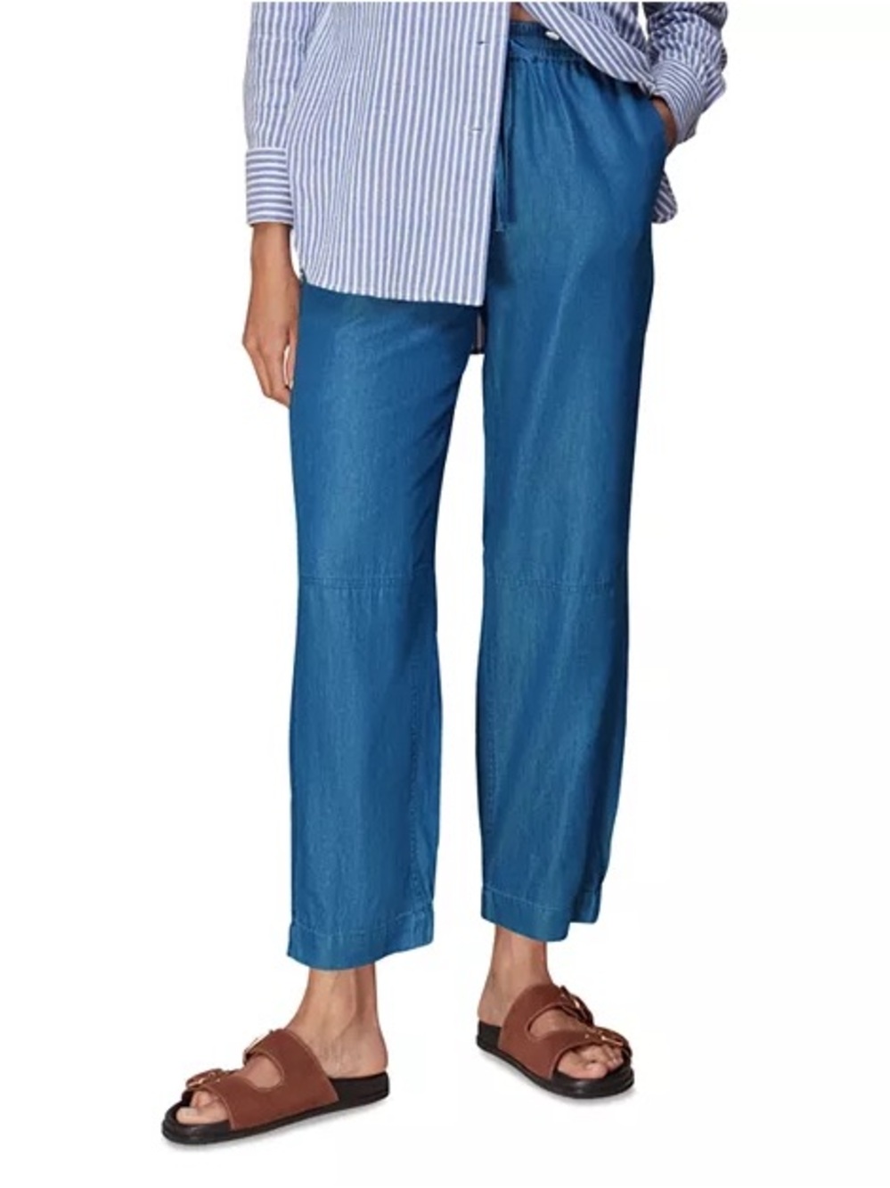 Whistles Denim-Style Cotton Blend Drawstring Wide Leg Trousers - Blue NEW Size 6